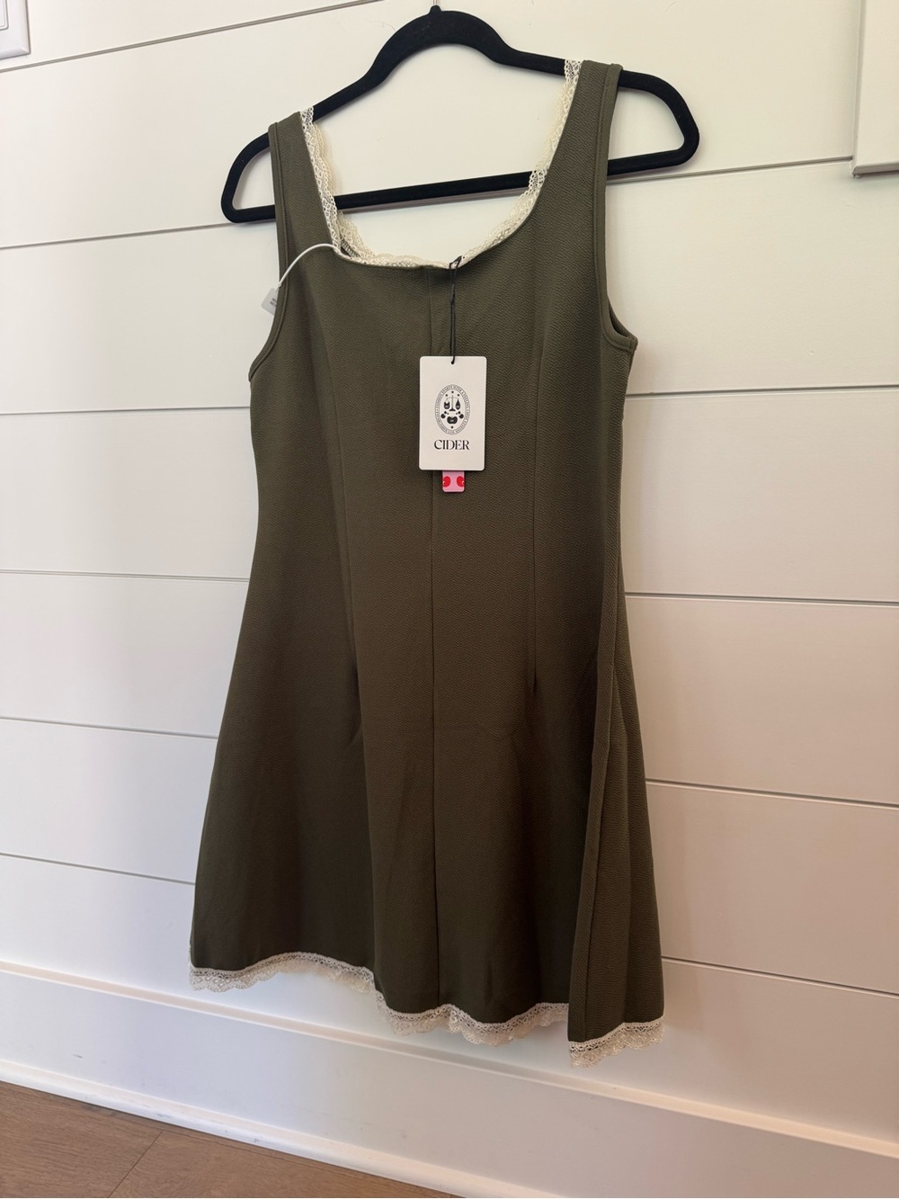 Cider Olive Green Tank Dress with Cream Lace Trim - Picture 5 of 7